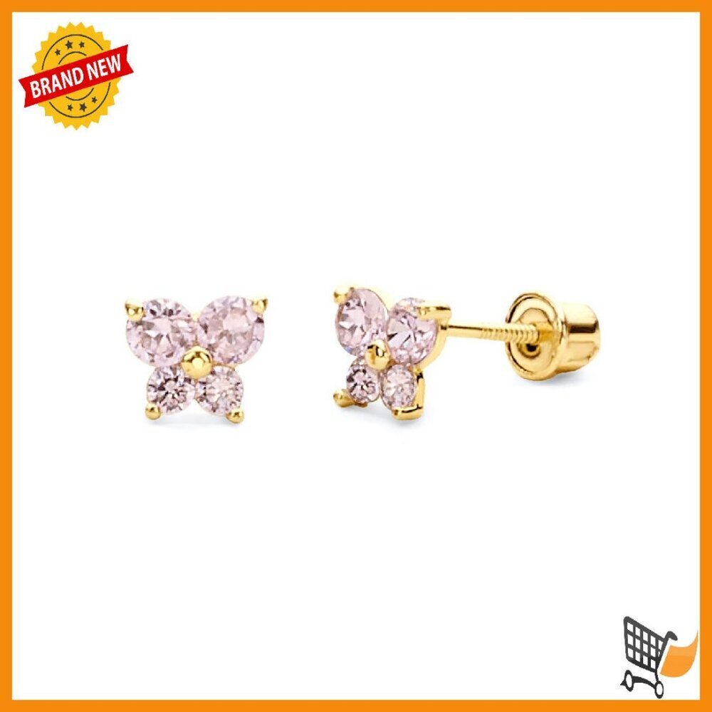 14K Gold Butterfly Stud Earrings Screw Back 6mm